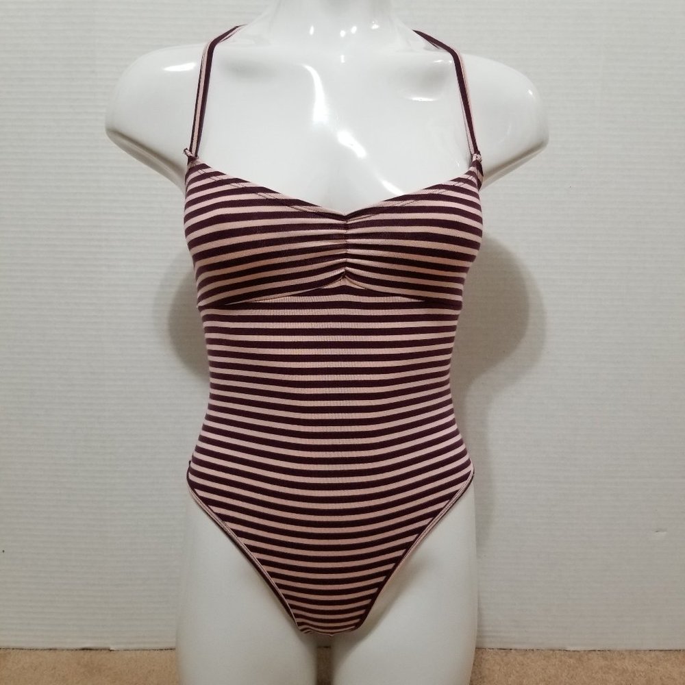 Forever 21 bodysuit Small striped sleeveless strappy caged back ruched bust